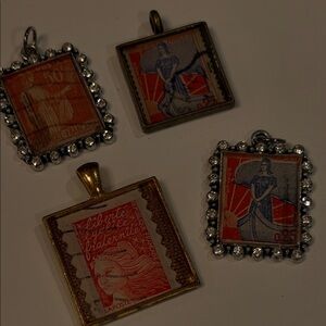 (4) Artistic Square Pendant  with Vintage Stamps